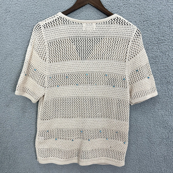 Christopher Banks Cardigan Sweater Women Medium Beige Open Knit Hand Embroidery - Picture 3 of 7